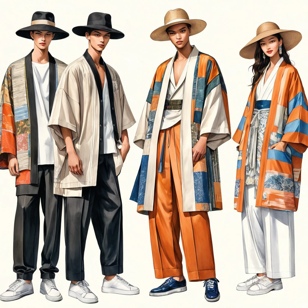 illustration de mode spontanée d'un groupe de jeunes 2 hommes et 1 femme, âgé de 18 à 2, grand et mince, Super modèle masculin de race mixte, ((présente des tenues de style Lénine inspirées de la collection resort 2023 du designer Dris Van Noten)), dans un style élégant et moderne de patchwork ou de collage, e-co print mélangeant des couleurs métalliques et des tissus ethniques. Le 1er homme porte une chemise surdimensionnée avec des détails de broderie et de dentelle, associé à un pantalon slim. Le 2ème homme le complète avec une chemise décorée de dentelle et une veste Yukata surdimensionnée avec des détails tissés ethniques, porté avec un short à cordon rayé. une femme porte une longue robe en soie patchwork de style minimaliste, (le tout complète le look avec des baskets blanches, un accessoire avec un chapeau de paille à large bord, lunettes de soleil.  capturé dans un ((image du corps entier)), pose de modèle simple, ((peinture aquarelle simple sur fond de papier blanc)), lignes de crayon réalistes, dessin imparfait, détail des lignes de charbon de bois, croquis qui s&#39;estompe, croquis de mode, vue en contre-plongée, (Image du corps entier), Dris Van Noten.