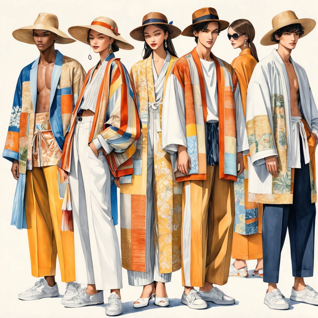 illustration de mode spontanée d'un groupe de jeunes 2 hommes et 1 femme, âgé de 18 à 2, grand et mince, Super modèle masculin de race mixte, ((présente des tenues de style Lénine inspirées de la collection resort 2023 du designer Dris Van Noten)), dans un style élégant et moderne de patchwork ou de collage, e-co print mélangeant des couleurs métalliques et des tissus ethniques. Le 1er homme porte une chemise surdimensionnée avec des détails de broderie et de dentelle, associé à un pantalon slim. Le 2ème homme le complète avec une chemise décorée de dentelle et une veste Yukata surdimensionnée avec des détails tissés ethniques, porté avec un short à cordon rayé. une femme porte une longue robe en soie patchwork de style minimaliste, (le tout complète le look avec des baskets blanches, un accessoire avec un chapeau de paille à large bord, lunettes de soleil.  capturé dans un ((image du corps entier)), pose de modèle simple, ((peinture aquarelle simple sur fond de papier blanc)), lignes de crayon réalistes, dessin imparfait, détail des lignes de charbon de bois, croquis qui s&#39;estompe, croquis de mode, vue en contre-plongée, (Image du corps entier), Dris Van Noten.