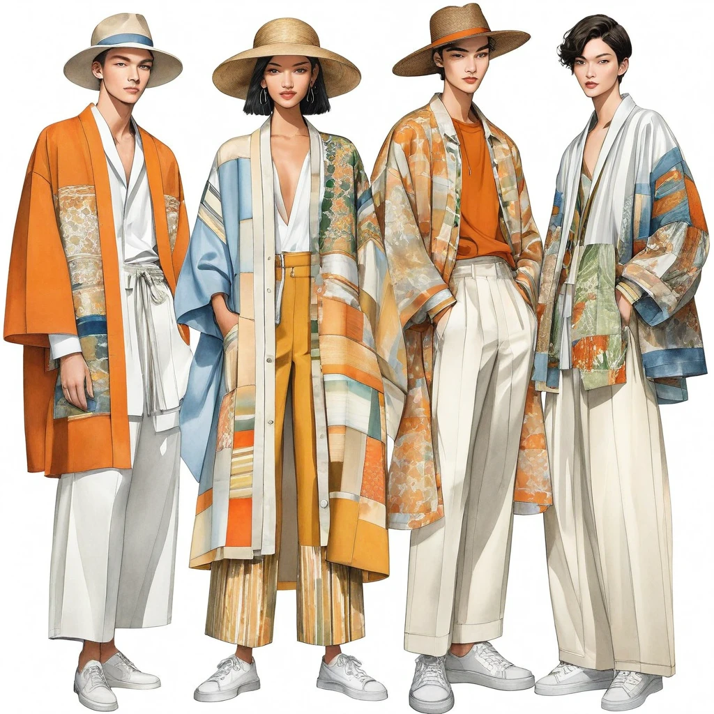 illustration de mode spontanée d'un groupe de jeunes 2 hommes et 1 femme, âgé de 18 à 2, grand et mince, Super modèle masculin de race mixte, ((présente des tenues de style Lénine inspirées de la collection resort 2023 du designer Dris Van Noten)), dans un style élégant et moderne de patchwork ou de collage, e-co print mélangeant des couleurs métalliques et des tissus ethniques. Le 1er homme porte une chemise surdimensionnée avec des détails de broderie et de dentelle, associé à un pantalon slim. Le 2ème homme le complète avec une chemise décorée de dentelle et une veste Yukata surdimensionnée avec des détails tissés ethniques, porté avec un short à cordon rayé. une femme porte une longue robe en soie patchwork de style minimaliste, (le tout complète le look avec des baskets blanches, un accessoire avec un chapeau de paille à large bord, lunettes de soleil.  capturé dans un ((image du corps entier)), pose de modèle simple, ((peinture aquarelle simple sur fond de papier blanc)), lignes de crayon réalistes, dessin imparfait, détail des lignes de charbon de bois, croquis qui s&#39;estompe, croquis de mode, vue en contre-plongée, (Image du corps entier), Dris Van Noten.