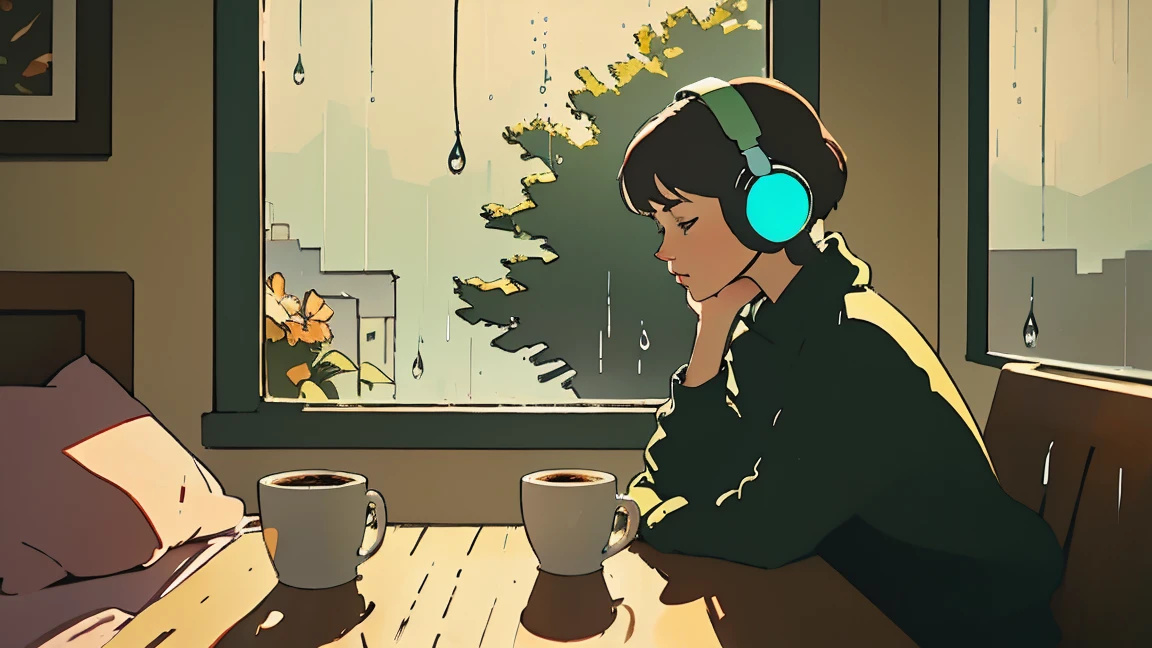 Lofi Song, Sit on the bed. Looking out the window, Drink coffee. Listening to music through headphones, Looking out the window and seeing the rain falling
