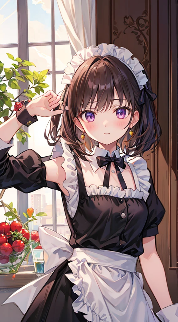 Highest quality, Cornelian Cherry、Maid&#39;s Headdress、Pink wavy hair、Heart-shaped pupils、orgasm、Big Breasts、Lace gloves、Lace knee socks