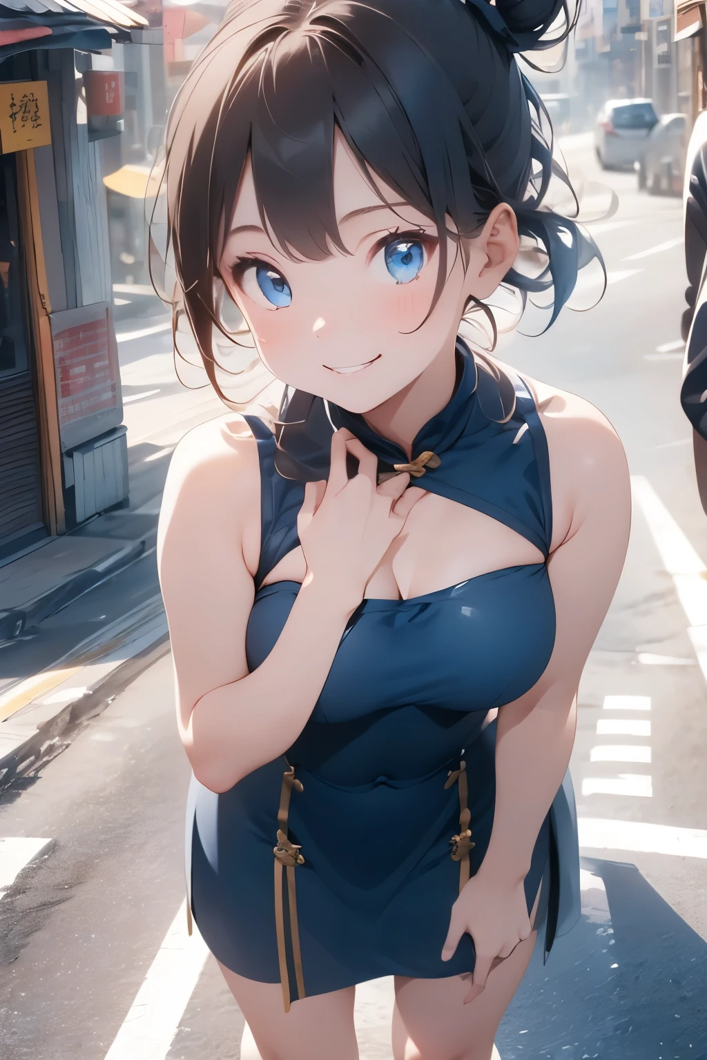 ((Top Quality)), ((Excellent)), (Details), , cate, Ultra-Realistic, Stunning Environment, Bright Colors, 13 Years Old,((Blue Eyes)) , Black Hair, (Childish Face), ((shy-smile)),(twin bun hair), ((From Above)) ,((close_up)), Medium Breasts, ((red cheongsam)) , ((Chinatown)), (extreme_close_up),Top view, Chinese street,Taiwan, ((Open chest)), (one hand on hip),1girl, black bow, cate , stunning environment ,vibrant colors ,, ultra realistic, 32k, extremely detailed CG unity 8k wallpaper, best quality, soft lighting, solo, Straight Hair, blunt bangs, outdoors,, stunning environment ,vibrant colors ,