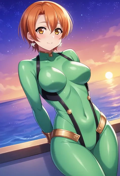 masterpiece,best quality, anime cg, realistic lighting,solo,cowboy shot,rin hoshizora, blush, love scene, green bodysuit,thicc t...