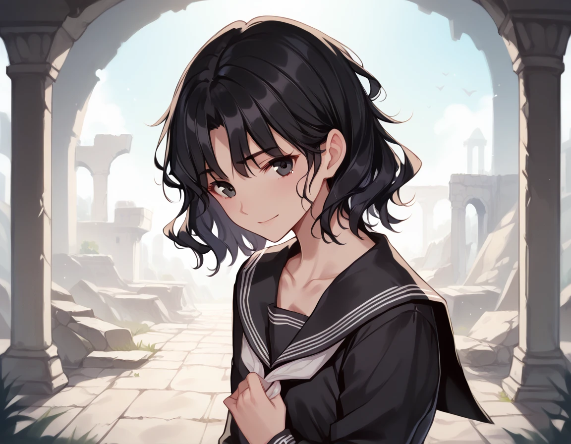 (((masterpiece, ultra-detailed))),unaestheticXLv31, nsfw, ,Black serafuku, long Sleeves, {{holding panties}}, standing,, kaoru tanamachi, black eyes, black hair, messy hair, Shiny skin, ruins