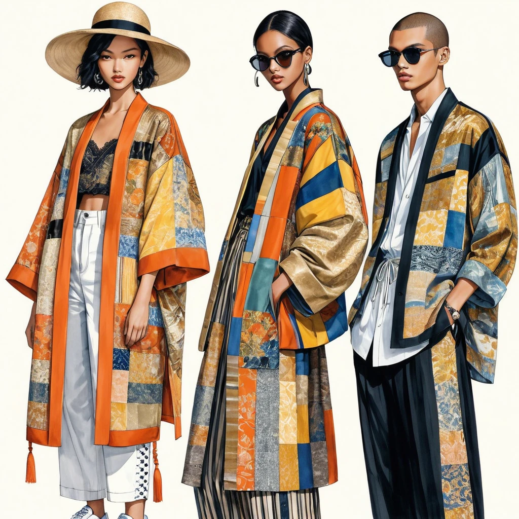 illustration de mode spontanée d'un groupe de jeunes 2 hommes et 1 femme, âgé de 18 à 2, grand et mince, Super modèle masculin de race mixte, ((Mise en avant de tenues élégantes inspirées de la collection printemps 2024 du créateur Dries Van Noten)), dans un style élégant et moderne ((patchwork ou collage d'impression E-co mélangé à du tissu de couleur métallique et un tissu ethnique)). Le 1er homme porte une chemise surdimensionnée avec des détails de broderie et de dentelle, associé à un pantalon slim. Le deuxième homme la complète avec une chemise décorée de dentelle et une veste Yukata surdimensionnée., détails tissés ethniques, porté avec un short à cordon rayé. Une femme porte une longue robe en soie patchwork de style, (le tout complète le look avec des baskets blanches, un accessoire avec un chapeau de paille à large bord, lunettes de soleil. capturé dans un ((image du corps entier)), pose de modèle simple, ((peinture aquarelle simple sur fond de papier blanc)), lignes de crayon réalistes, dessin imparfait, détail des lignes de charbon de bois, croquis qui s&#39;estompe, croquis de mode, vue en contre-plongée, (Image du corps entier), Dris Van Noten