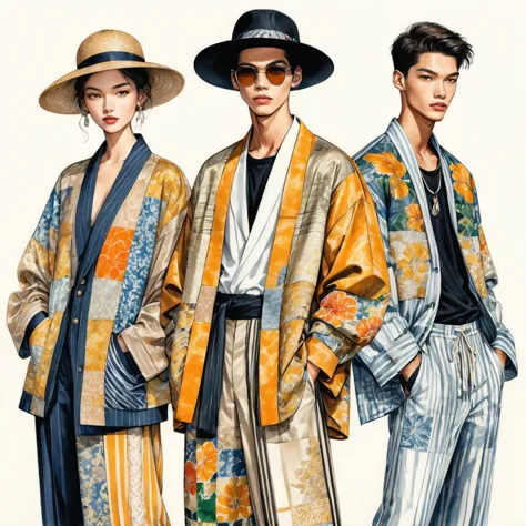 candid fashion illustration a group of young 2man and 1girl, aged 18-23 year old, tall and slender, Mixed race male super model,...