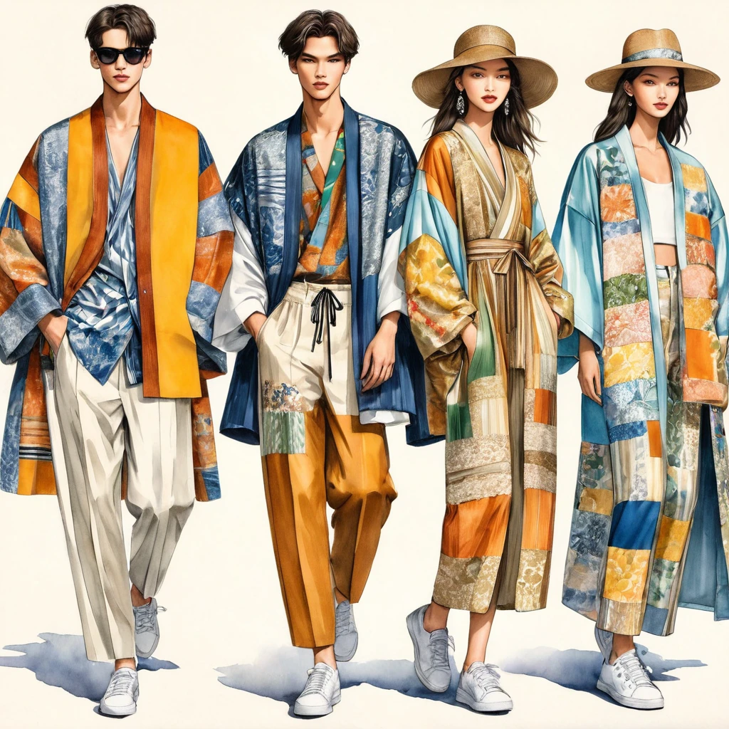 illustration de mode spontanée d'un groupe de jeunes 2 hommes et 1 femme, âgé de 18 à 2, grand et mince, Super modèle masculin de race mixte, ((Mise en avant de tenues élégantes inspirées de la collection printemps 2024 du créateur Dries Van Noten)), dans un style élégant et moderne ((patchwork ou collage d'impression E-co mélangé à du tissu de couleur métallique et un tissu ethnique)). Le 1er homme porte une chemise surdimensionnée avec des détails de broderie et de dentelle, associé à un pantalon slim. Le deuxième homme la complète avec une chemise décorée de dentelle et une veste Yukata surdimensionnée., détails tissés ethniques, porté avec un short à cordon rayé. Une femme porte une longue robe en soie patchwork de style, (le tout complète le look avec des baskets blanches, un accessoire avec un chapeau de paille à large bord, lunettes de soleil. capturé dans un ((image du corps entier)), pose de modèle simple, ((peinture aquarelle simple sur fond de papier blanc)), lignes de crayon réalistes, dessin imparfait, détail des lignes de charbon de bois, croquis qui s&#39;estompe, croquis de mode, vue en contre-plongée, (Image du corps entier), Dris Van Noten