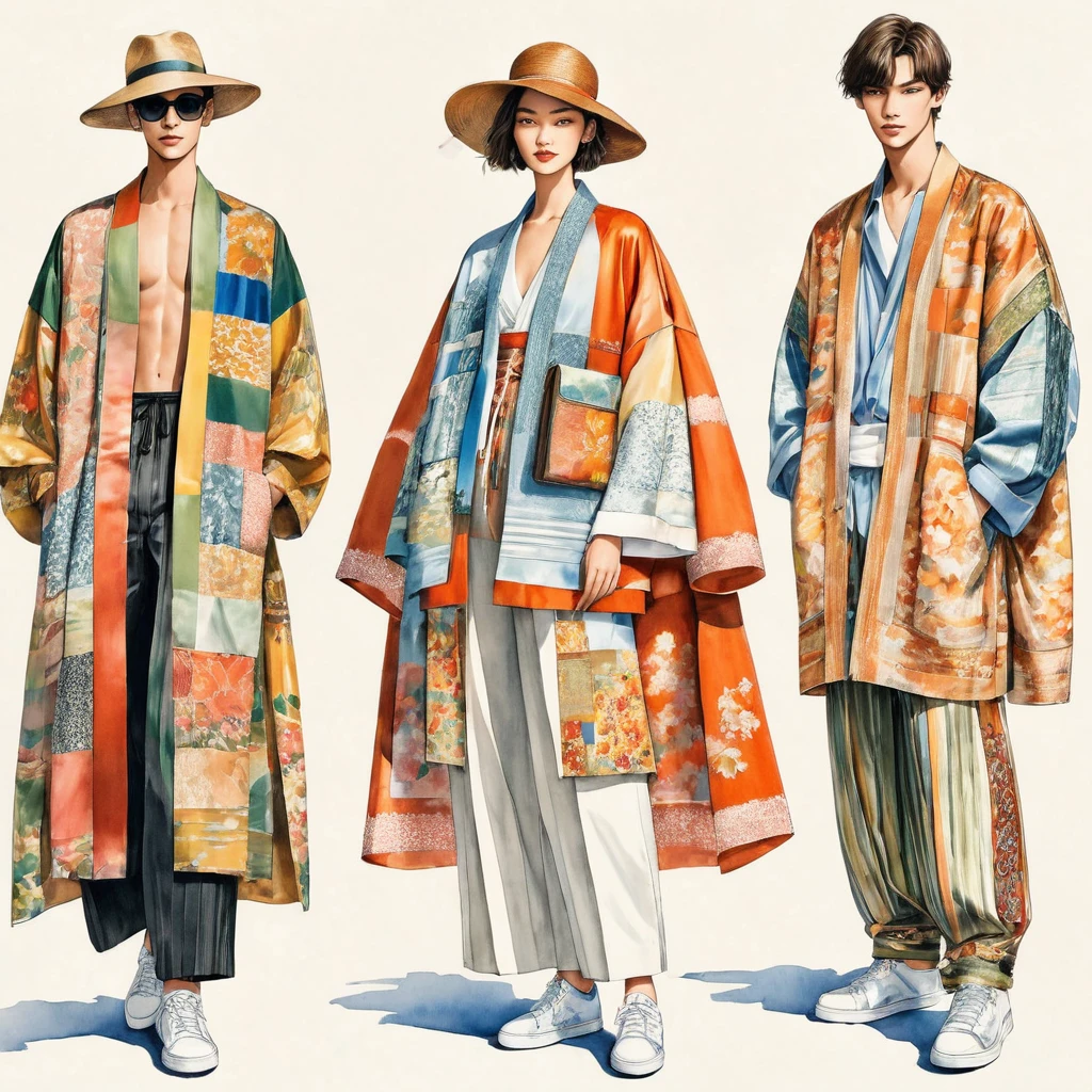 illustration de mode spontanée d'un groupe de jeunes 2 hommes et 1 femme, âgé de 18 à 2, grand et mince, Super modèle masculin de race mixte, ((Mise en avant de tenues élégantes inspirées de la collection printemps 2024 du créateur Dries Van Noten)), dans un style élégant et moderne ((patchwork ou collage d'impression E-co mélangé à du tissu de couleur métallique et un tissu ethnique)). Le 1er homme porte une chemise surdimensionnée avec des détails de broderie et de dentelle, associé à un pantalon slim. Le deuxième homme la complète avec une chemise décorée de dentelle et une veste Yukata surdimensionnée., détails tissés ethniques, porté avec un short à cordon rayé. Une femme porte une longue robe en soie patchwork de style, (le tout complète le look avec des baskets blanches, un accessoire avec un chapeau de paille à large bord, lunettes de soleil. capturé dans un ((image du corps entier)), pose de modèle simple, ((peinture aquarelle simple sur fond de papier blanc)), lignes de crayon réalistes, dessin imparfait, détail des lignes de charbon de bois, croquis qui s&#39;estompe, croquis de mode, vue en contre-plongée, (Image du corps entier), Dris Van Noten