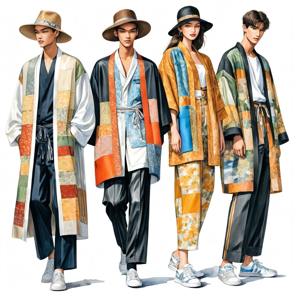 illustration de mode spontanée d'un groupe de jeunes 2 hommes et 1 femme, âgé de 18 à 2, grand et mince, Super modèle masculin de race mixte, ((Mise en avant de tenues élégantes inspirées de la collection printemps 2024 du créateur Dries Van Noten)), dans un style élégant et moderne ((patchwork ou collage d'impression E-co mélangé à du tissu de couleur métallique et un tissu ethnique)). Le 1er homme porte une chemise surdimensionnée avec des détails de broderie et de dentelle, associé à un pantalon slim. Le deuxième homme la complète avec une chemise décorée de dentelle et une veste Yukata surdimensionnée., détails tissés ethniques, porté avec un short à cordon rayé. Une femme porte une longue robe en soie patchwork de style, (le tout complète le look avec des baskets blanches, un accessoire avec un chapeau de paille à large bord, lunettes de soleil. capturé dans un ((image du corps entier)), pose de modèle simple, ((peinture aquarelle simple sur fond de papier blanc)), lignes de crayon réalistes, dessin imparfait, détail des lignes de charbon de bois, croquis qui s&#39;estompe, croquis de mode, vue en contre-plongée, (Image du corps entier), Dris Van Noten