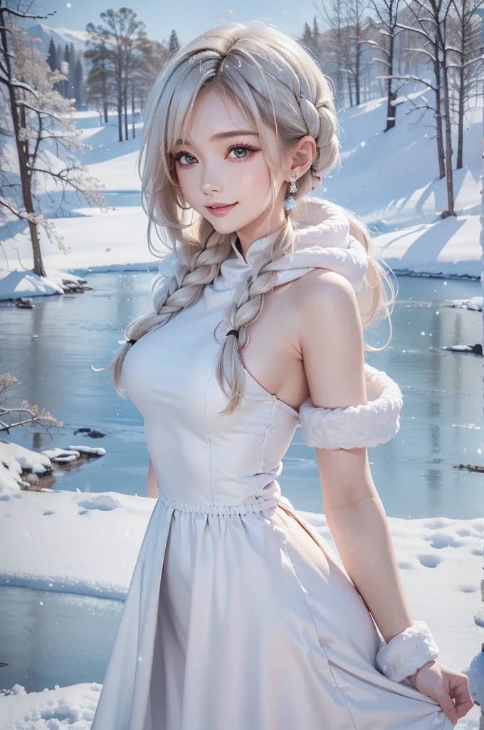 (the upper body:1.5).masterpiece、Highest quality、1 girl, winter, platinum blonde hair, Cute girl, smile, close mouse, medium breasts, sideboob:1.2, white dress, winter clothes, long skirt, Fur coat、Small waist、Thin legs、outdoors, front of the lake, snow falling, Prayer Pose, join hands, from backside:1.5, look back:1.6, face, style
