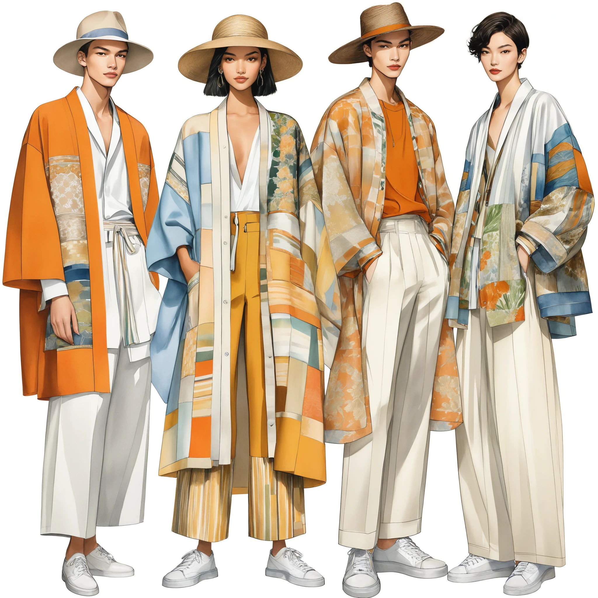 illustration de mode spontanée d'un groupe de jeunes 2 hommes et 1 femme, âgé de 18 à 2, grand et mince, Super modèle masculin de race mixte, ((présente des tenues de style Lénine inspirées de la collection resort 2023 du designer Dris Van Noten)), dans un style élégant et moderne de patchwork ou de collage, e-co print mélangeant des couleurs métalliques et des tissus ethniques. Le 1er homme porte une chemise surdimensionnée avec des détails de broderie et de dentelle, associé à un pantalon slim. Le 2ème homme le complète avec une chemise décorée de dentelle et une veste Yukata surdimensionnée avec des détails tissés ethniques, porté avec un short à cordon rayé. une femme porte une longue robe en soie patchwork de style minimaliste, (le tout complète le look avec des baskets blanches, un accessoire avec un chapeau de paille à large bord, lunettes de soleil.  capturé dans un ((image du corps entier)), pose de modèle simple, ((peinture aquarelle simple sur fond de papier blanc)), lignes de crayon réalistes, dessin imparfait, détail des lignes de charbon de bois, croquis qui s&#39;estompe, croquis de mode, vue en contre-plongée, (Image du corps entier), Dris Van Noten.