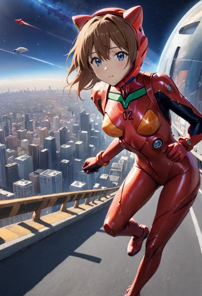 plugsuit, red bodysuit,evangelion,red helmet, space helme, short hair, walk,,asuka langley soryu,hort hair, bangs, blue eyes, brown hair, bodysuit, pilot suit, plugsuit, (red bodysuit:1.5,  space helmet,  cat ears, city, road