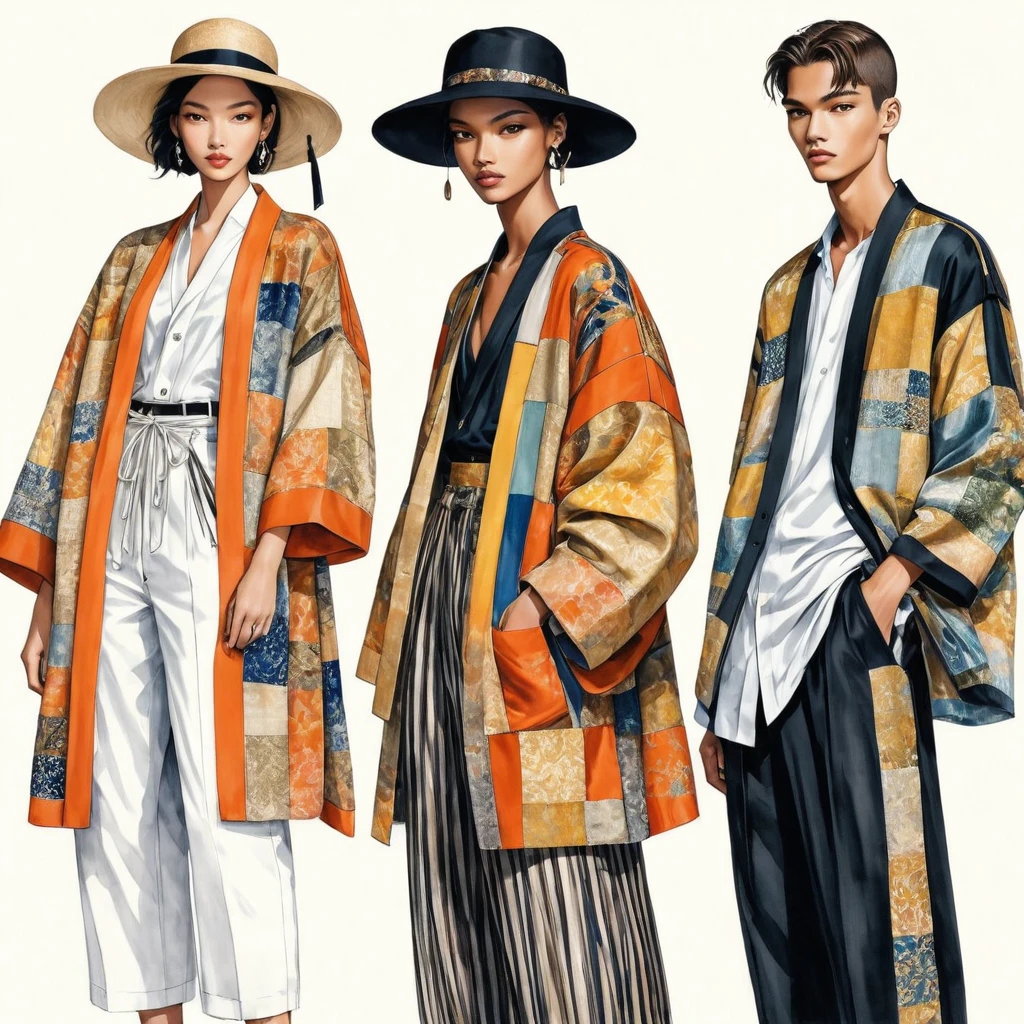 illustration de mode spontanée d'un groupe de jeunes 2 hommes et 1 femme, âgé de 18 à 2, grand et mince, Super modèle masculin de race mixte, ((Mise en avant de tenues élégantes inspirées de la collection printemps 2024 du créateur Dries Van Noten)), dans un style élégant et moderne ((patchwork ou collage d'impression E-co mélangé à du tissu de couleur métallique et un tissu ethnique)). Le 1er homme porte une chemise surdimensionnée avec des détails de broderie et de dentelle, associé à un pantalon slim. Le deuxième homme la complète avec une chemise décorée de dentelle et une veste Yukata surdimensionnée., détails tissés ethniques, porté avec un short à cordon rayé. Une femme porte une longue robe en soie patchwork de style, (le tout complète le look avec des baskets blanches, un accessoire avec un chapeau de paille à large bord, lunettes de soleil. capturé dans un ((image du corps entier)), pose de modèle simple, ((peinture aquarelle simple sur fond de papier blanc)), lignes de crayon réalistes, dessin imparfait, détail des lignes de charbon de bois, croquis qui s&#39;estompe, croquis de mode, vue en contre-plongée, (Image du corps entier), Dris Van Noten