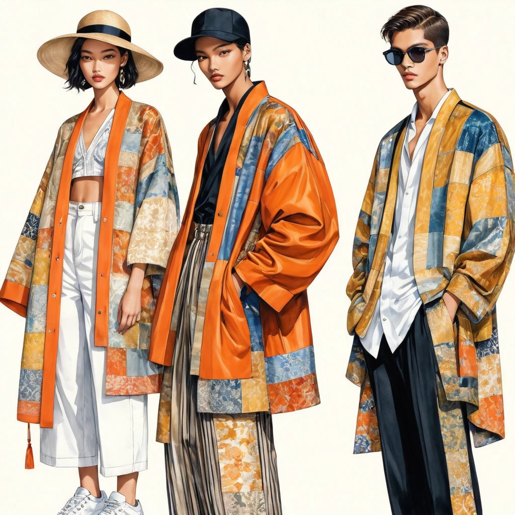 illustration de mode spontanée d'un groupe de jeunes 2 hommes et 1 femme, âgé de 18 à 2, grand et mince, Super modèle masculin de race mixte, ((Mise en avant de tenues élégantes inspirées de la collection printemps 2024 du créateur Dries Van Noten)), dans un style élégant et moderne ((patchwork ou collage d'impression E-co mélangé à du tissu de couleur métallique et un tissu ethnique)). Le 1er homme porte une chemise surdimensionnée avec des détails de broderie et de dentelle, associé à un pantalon slim. Le deuxième homme la complète avec une chemise décorée de dentelle et une veste Yukata surdimensionnée., détails tissés ethniques, porté avec un short à cordon rayé. Une femme porte une longue robe en soie patchwork de style, (le tout complète le look avec des baskets blanches, un accessoire avec un chapeau de paille à large bord, lunettes de soleil. capturé dans un ((image du corps entier)), pose de modèle simple, ((peinture aquarelle simple sur fond de papier blanc)), lignes de crayon réalistes, dessin imparfait, détail des lignes de charbon de bois, croquis qui s&#39;estompe, croquis de mode, vue en contre-plongée, (Image du corps entier), Dris Van Noten