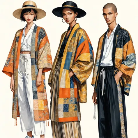 candid fashion illustration a group of young 2man and 1girl, aged 18-23 year old, tall and slender, Mixed race male super model,...