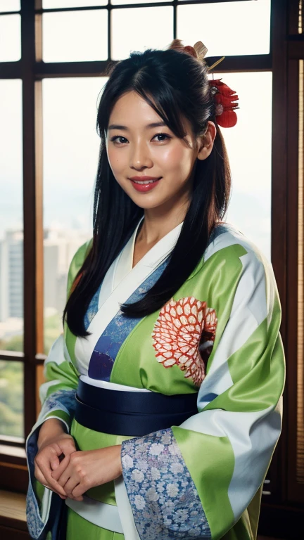 ((Highest quality、8k、masterpiece:1.3))、Photorealistic, Sharp focus, high resolution, High resolution,Portraiture, One person、Japanese、woman, beautiful woman, (((Japanese Kimono)))、30 years old, Plump, Medium Long Hair,smile