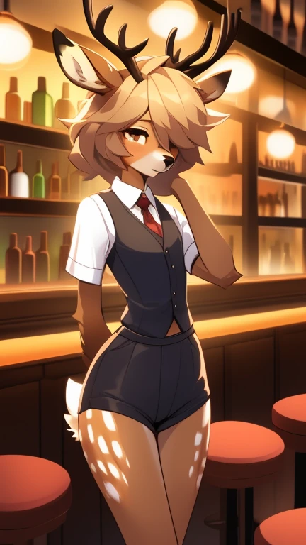 Best quality, super detailed illustration, warm colors, Ideal lighting, better detail, (fluffy deer boy:1.4) , feminine face and body, disheveled thick hair, Bartender's clothes, short shorts, shirt, vest, black butterfly, Sleepy view, bags under the eyes, femboy, small waist, wide hips, slim, perfect body, style &quot;DND&quot;