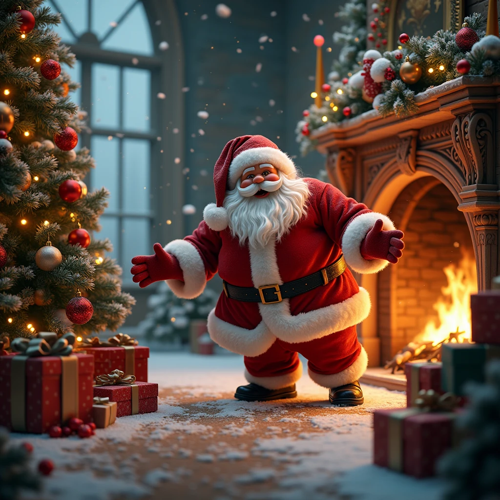 a christmas scene with santa claus breaking through a wall to deliver presents,detailed christmas interior, ornate christmas tree, roaring fireplace, snow falling outside window, warm lighting, festive decorations, (best quality,4k,8k,highres,masterpiece:1.2),ultra-detailed,(realistic,photorealistic,photo-realistic:1.37),intricate details,cinematic lighting,holiday spirit,festive colors,christmas magic