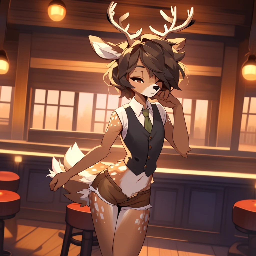 Best quality, super detailed illustration, warm colors, Ideal lighting, better detail, (fluffy deer boy:1.4) , feminine face and body, disheveled thick hair, Bartender's clothes, short shorts, shirt, vest, black butterfly, Sleepy view, bags under the eyes, femboy, small waist, wide hips, slim, perfect body, style &quot;DND&quot;