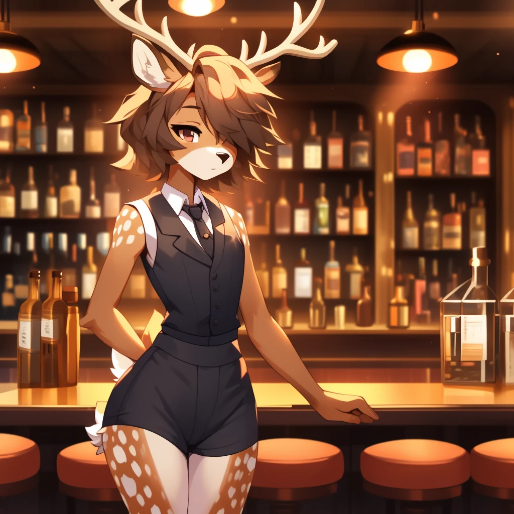 Best quality, super detailed illustration, warm colors, Ideal lighting, better detail, (fluffy deer boy:1.4) , feminine face and body, disheveled thick hair, Bartender's clothes, short shorts, shirt, vest, black butterfly, Sleepy view, bags under the eyes, femboy, small waist, wide hips, slim, perfect body, style &quot;DND&quot;