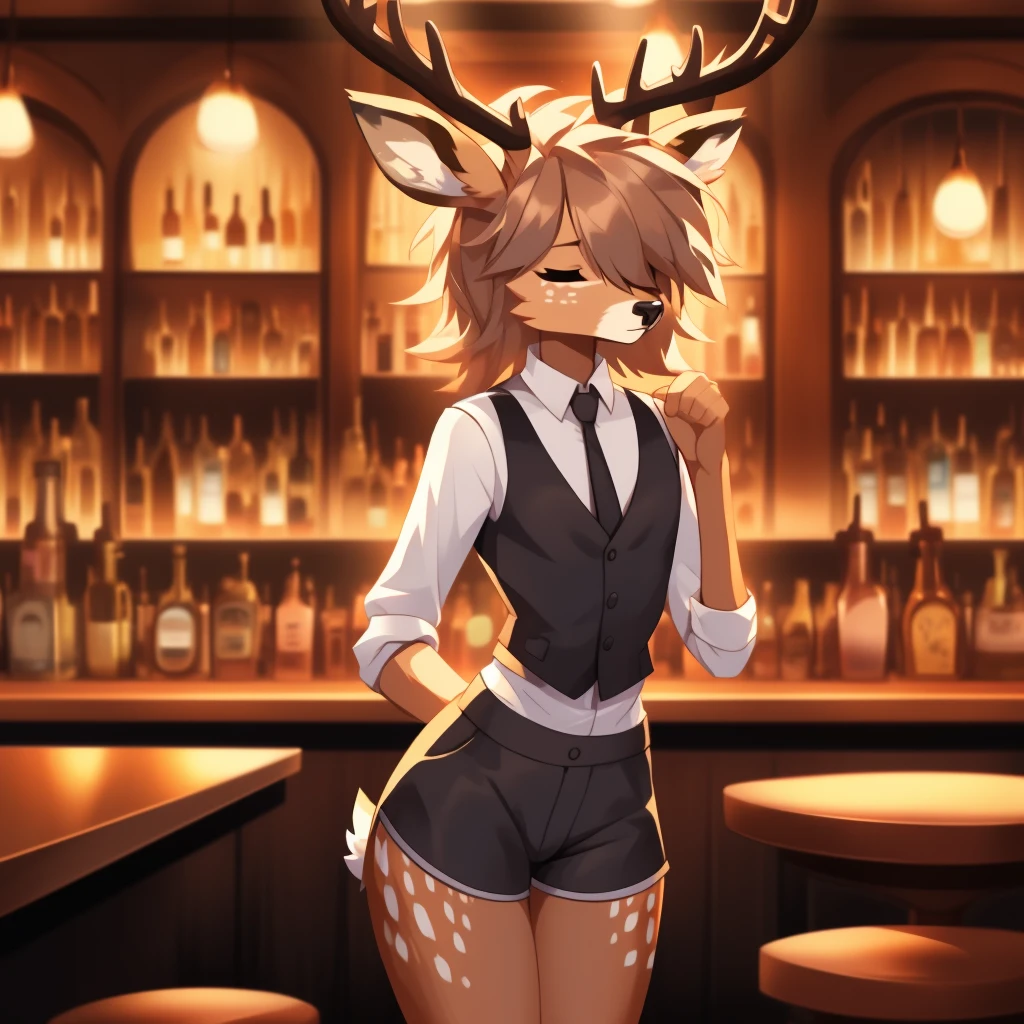 Best quality, super detailed illustration, warm colors, Ideal lighting, better detail, (fluffy deer boy:1.4) , feminine face and body, disheveled thick hair, Bartender's clothes, short shorts, shirt, vest, black butterfly, Sleepy view, bags under the eyes, femboy, small waist, wide hips, slim, perfect body, style &quot;DND&quot;