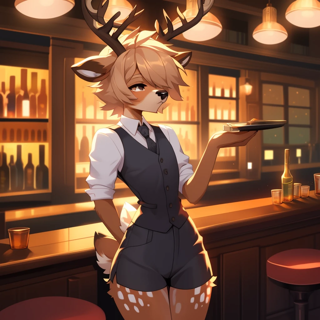 Best quality, super detailed illustration, warm colors, Ideal lighting, better detail, (fluffy deer boy:1.4) , feminine face and body, disheveled thick hair, Bartender's clothes, short shorts, shirt, vest, black butterfly, Sleepy view, bags under the eyes, femboy, small waist, wide hips, slim, perfect body, style &quot;DND&quot;