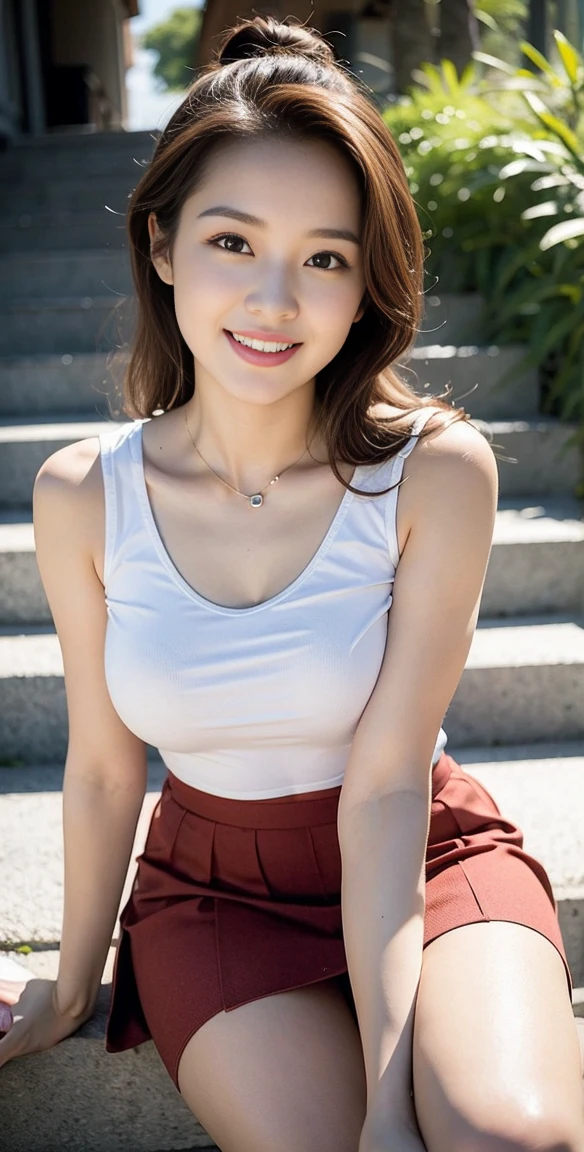 4K, HD4K, HD, 8K Realistically4k,HD,1girls,Korean, Large breast bulge,(Light grey tank top:1.1),（beautiful face）, (a charming smile:1.2),smile, asian woman in a skirt and sneakers posing on a flight of stairs, wearing skirt, miniskirt, pleated miniskirt, wearing skirt and high socks, short skirt, mini-skirt, wearing a skirt, in shorts, wide skirts, thighs close up, wearing red shorts, pleated skirt, mini skirt, skirt,miniskirt,ultra-short,miniskirt,ultra-short,visible panties,Tank top,Crystal high heels,36 inches bust,peach hip,(sexy posture),Personalized necklace）,Extremely detailed face and eyes,(a charming smile:1),（Large Breasts),Brown long curly hair,Wear white,(A girl in the forest),