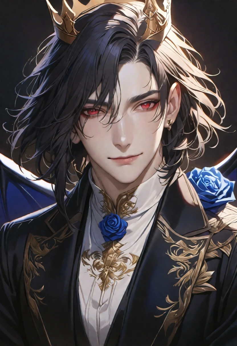 1 handsome man, realistic portrait, solo, long straight black hair, bob haircut, crimson red eyes, fearless beautiful smile, sexy, black suit, noble, crown, thin, blue rose tattoo, black background, high resolution, sitting, darkness, demon, backlit, icon, close-up of windblown hair, side braid