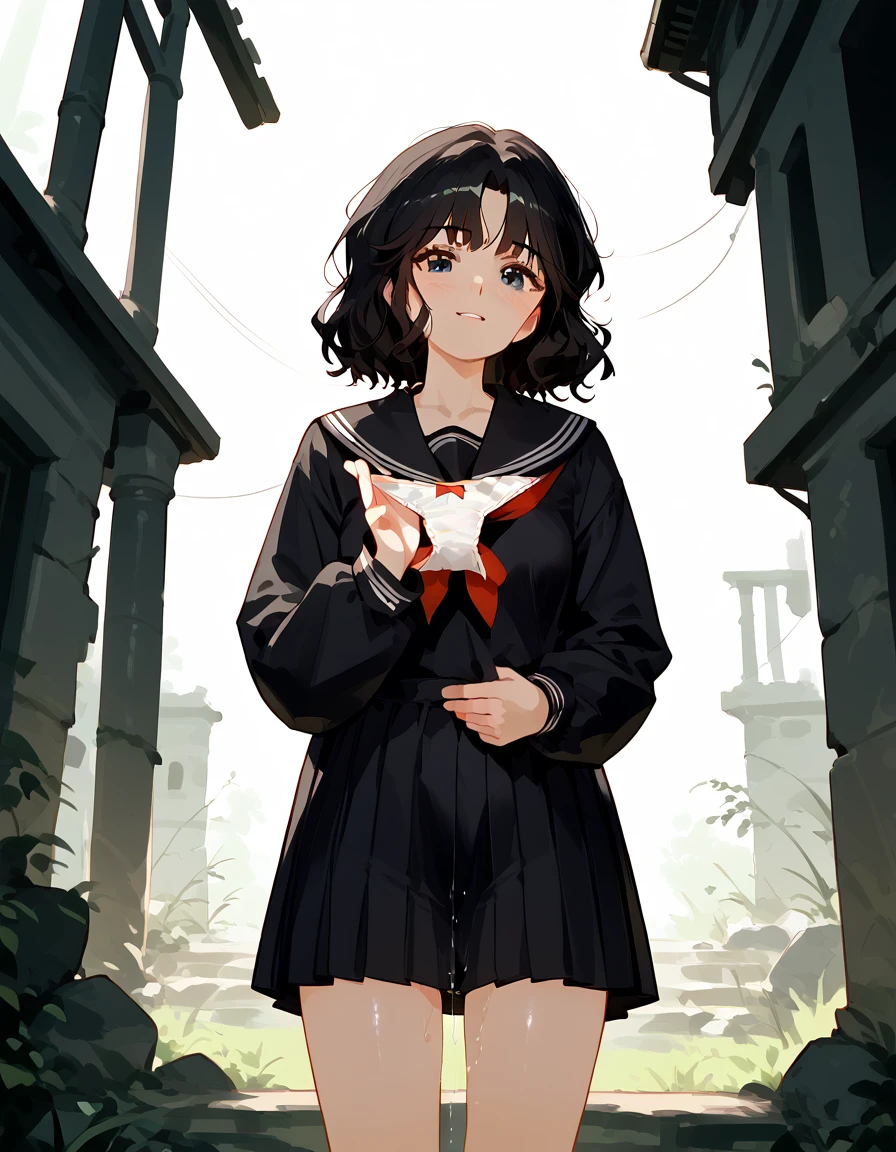 (((masterpiece, ultra-detailed))),unaestheticXLv31, nsfw, ,Black serafuku, long Sleeves, {holding panties}, pussy juice stain, standing,, kaoru tanamachi, black eyes, black hair, messy hair, Shiny skin, ruins