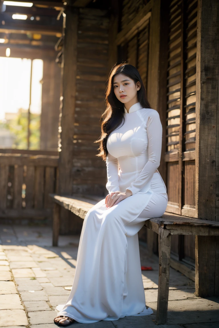 ((1 Vietnamese girl wearing ao dai, chubby body, realistic face with many details, Southeast Asian face, symmetrical face, beautiful woman, round breasts, firm breasts, breasts big, super big , big round , high quality detailed photos, 8k photo quality, chubby body, cleavage, full body, wide angle photos, sitting, deep cleavage, super big , sitting in the wings at the same time of sunset))