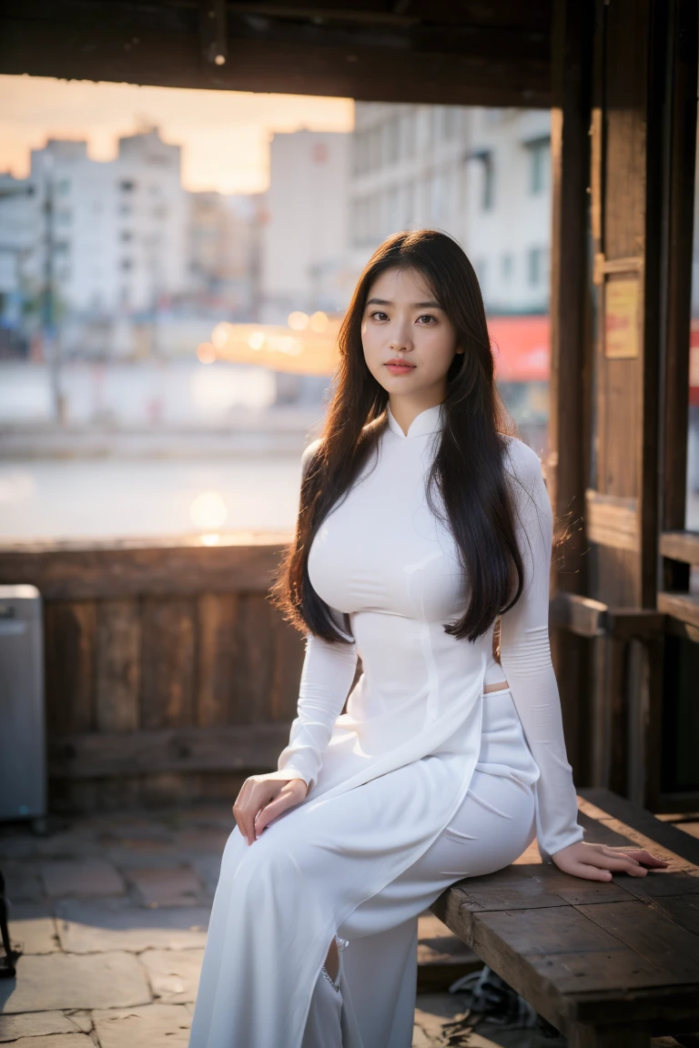 ((1 Vietnamese girl wearing ao dai, chubby body, realistic face with many details, Southeast Asian face, symmetrical face, beautiful woman, round breasts, firm breasts, breasts big, super big , big round , high quality detailed photos, 8k photo quality, chubby body, cleavage, full body, wide angle photos, sitting, deep cleavage, super big , sitting in the wings at the same time of sunset))