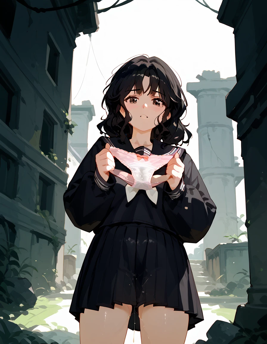 score_9, score_8_up, score_7_up, unaestheticXLv31, nsfw, ,Black serafuku, long Sleeves, {holding panties}, pussy juice stain, standing,, kaoru tanamachi, black eyes, black hair, messy hair, Shiny skin, ruins
