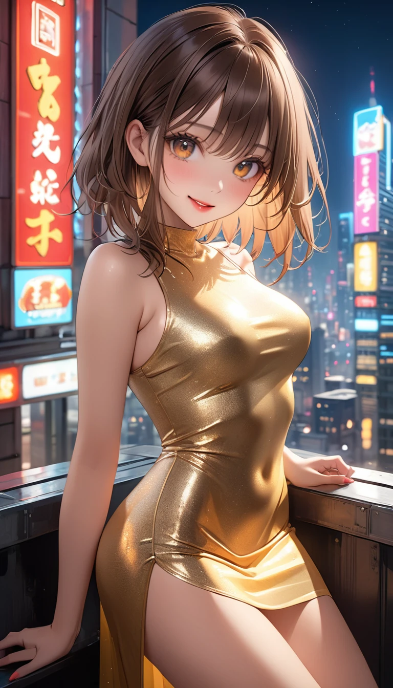 Straight hair、Brown Hair,((Very exquisite golden sexy dress)), Looks about 17 years old, (beautiful girl: 1.3),One girl,Highest quality,8k,Highly detailed CG unit wallpaper,masterpiece:1.2,Highest quality,Ultra-high resolution,RAW Photos,Realistic textured skin,Cinema Lighting,Happy,big eyes,Detailed eyes,Glossy lipstick,Perfect Makeup,Ultra-high definition beauty face,Huge building,Metropolis,Sensual,(big, Round and beautifully shaped butt),(Standing on the rooftop of a skyscraper in Cyber City),(panoramic),night,Detailed neon lights,(Are standing_Split),