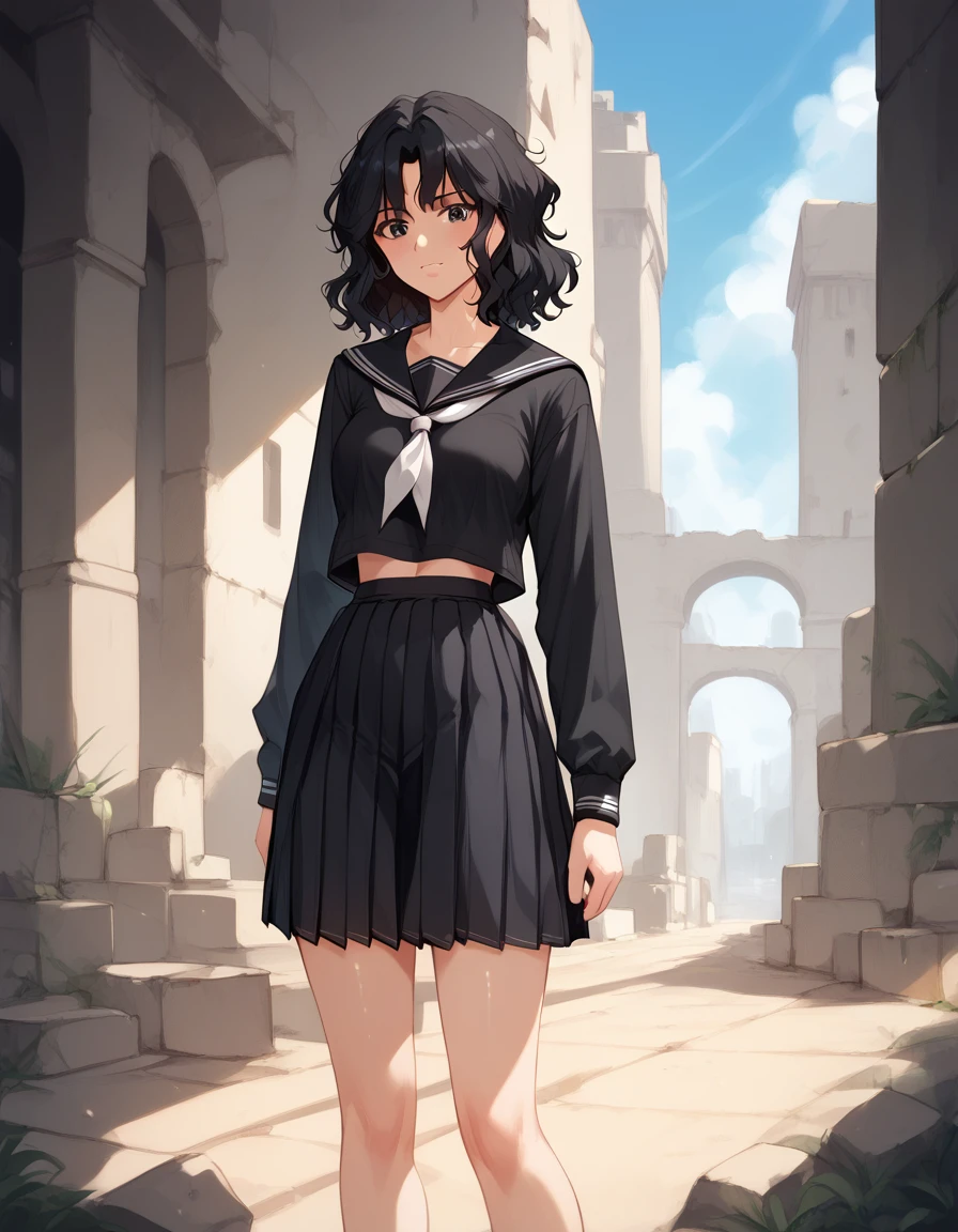 score_9, score_8_up, score_7_up, unaestheticXLv31, masterpiece, ultra-detailed, nsfw, Shiny skin, BREAK, Black serafuku, long Sleeves, tanding,, kaoru tanamachi, black eyes, black hair, messy hair, ruins
