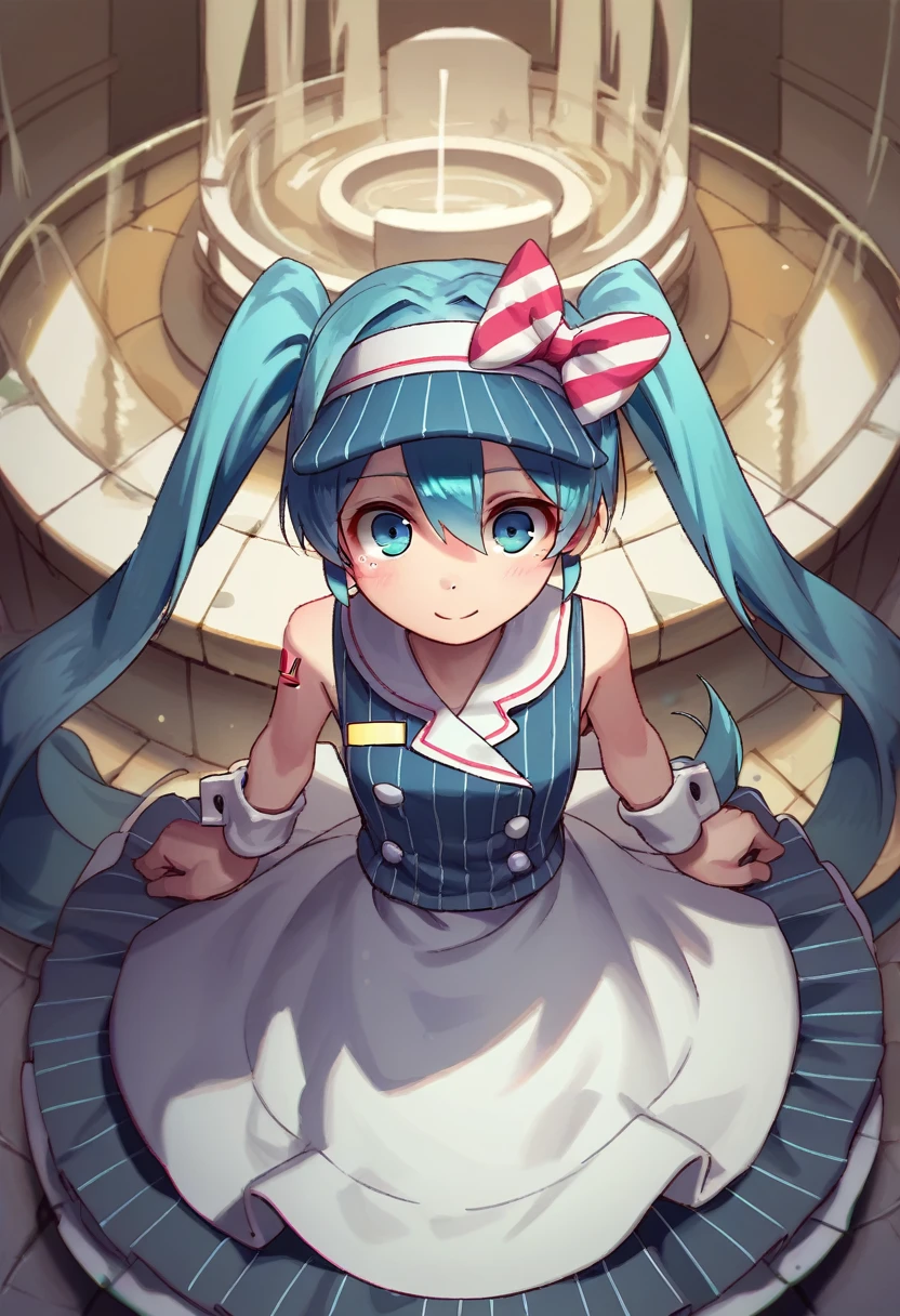 score_9, score_8_above, fountain_cheered up,
Asanagi, por muk \(Mister\)
BREAK,
1 girl,returned to normal, Hatsune Miku,
vertical striped dress, waist apron, wristbands, visor cap,
inside