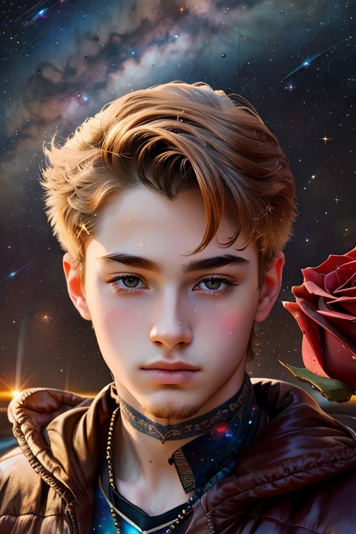 best masterpiece, realistic , ultra detailed, space, Milky Way, Virgo Zodiac Sign ,Constellation Cygnus, Portrait of an extraordinary guy - 17 years old , The Ideal of Beauty ! With a bright red rose .