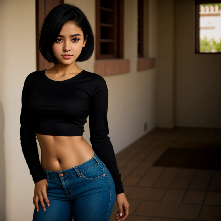 body photo, beautiful detailed, cute face, short, Guanajuato teen, short black hair, black hair over one eye, long sleeve plain T-shirt, long pants, pearshaped wide hips with thick thighs, solo, voluptuous round hips.