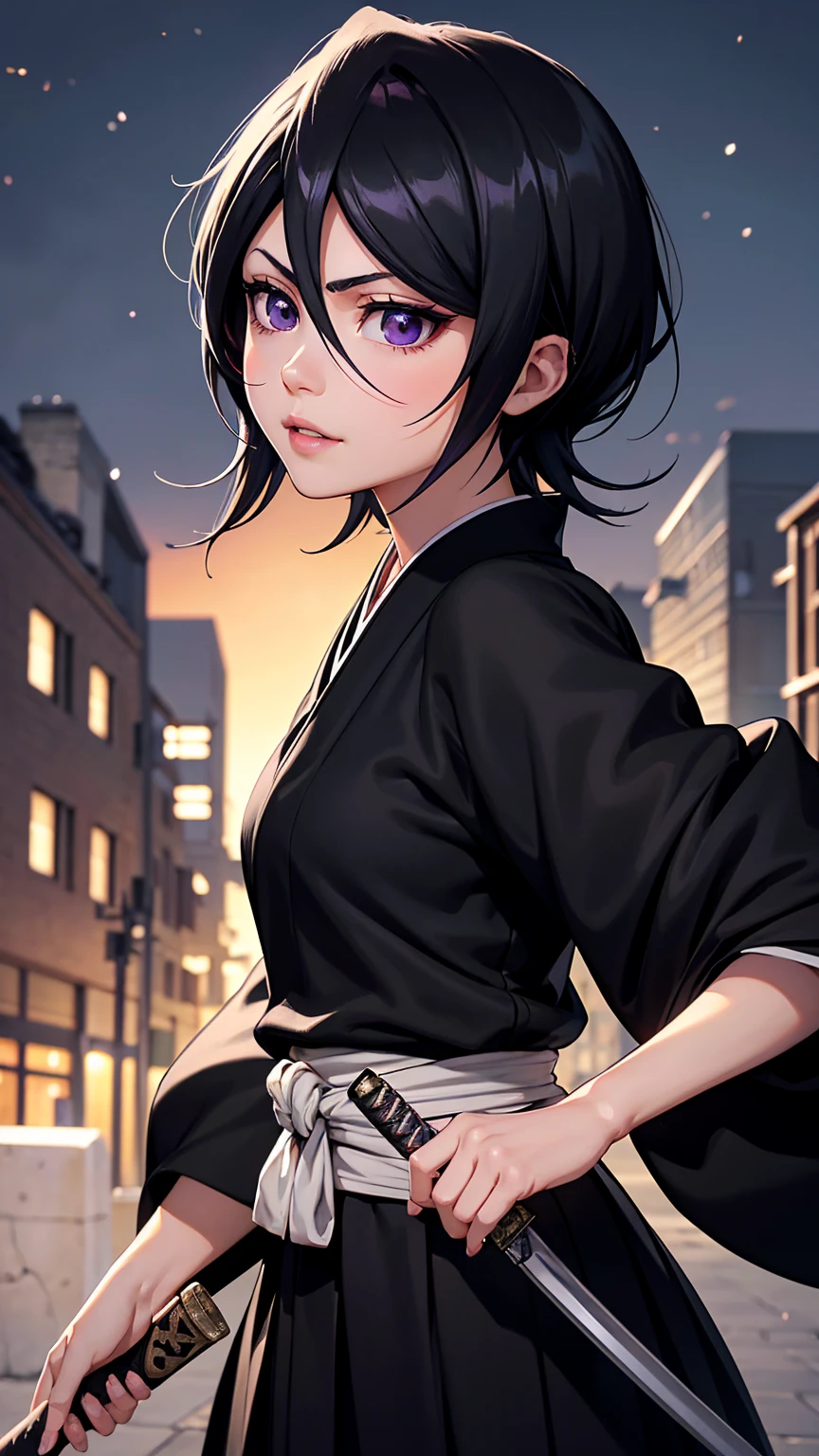 Well done work highly detailed with high resolution, sharp lines and colors perfect lighting detailed face, detailed hair detailed eyes detailed nose detailed lips, a beautiful girl with short black hair, purple eyes with a short smile wearing a black kimono, wielding a sword on his hip, city at night, Rukia Kuchiki.