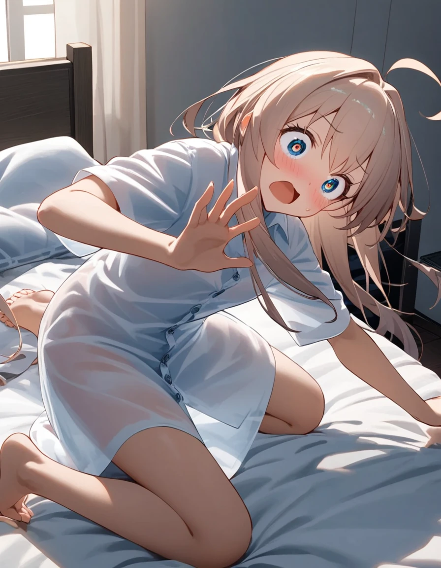 Surprised expression, Big Eyes, The open mouth does not block, Cover your mouth with your open hand, girl, Oversized dress shirt, White shirt, Buttons are pressed wrong, Cutting seat, On the bed, barefoot, Small breasts, You can see through the shirt, Bedhead, Ahoge, blush, Surprise Effect, 