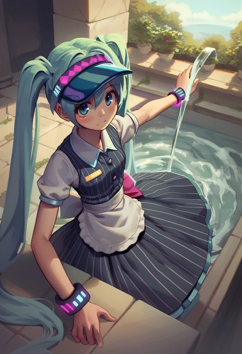 score_9, score_8_above, fountain_cheered up, Asanagi, por muk \(Mister\) BREAK, 1 girl,returned to normal, Hatsune Miku, vertical striped dress, waist apron, wristbands, visor cap, inside
