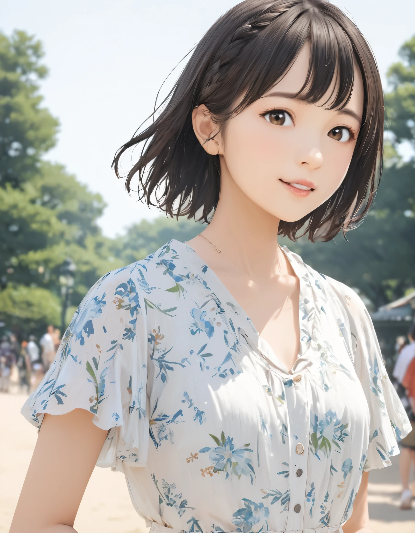 (best quality:1.2), 1girl, Ueno Park, summer, upper body shot, shoot from front