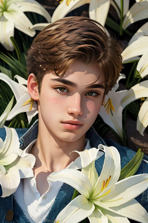 best masterpiece, realistic , ultra detailed , Virgo Zodiac Sign ,Constellation Cygnus, Portrait of an extraordinary guy - 17 years old , The Ideal of Beauty ! With white lilies in hands.