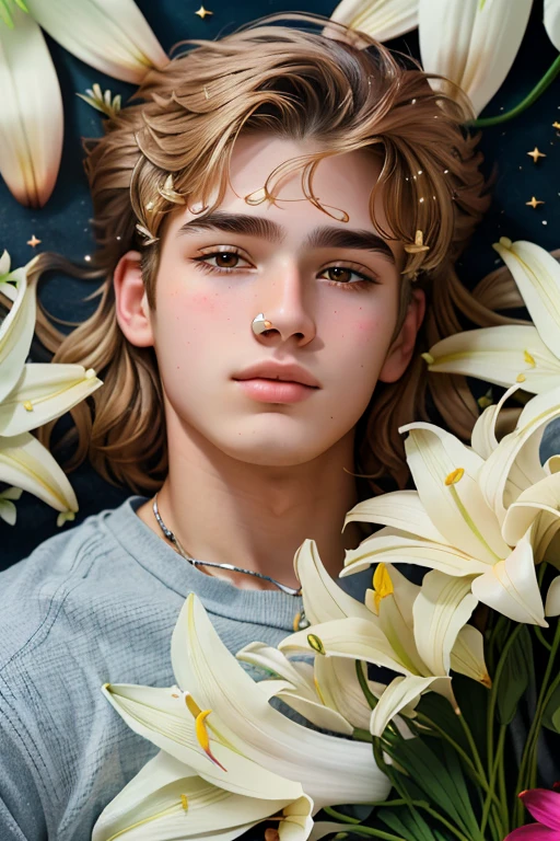 best masterpiece, realistic , ultra detailed , Virgo Zodiac Sign ,Constellation Cygnus, Portrait of an extraordinary guy - 17 years old , The Ideal of Beauty ! With white lilies in hands.