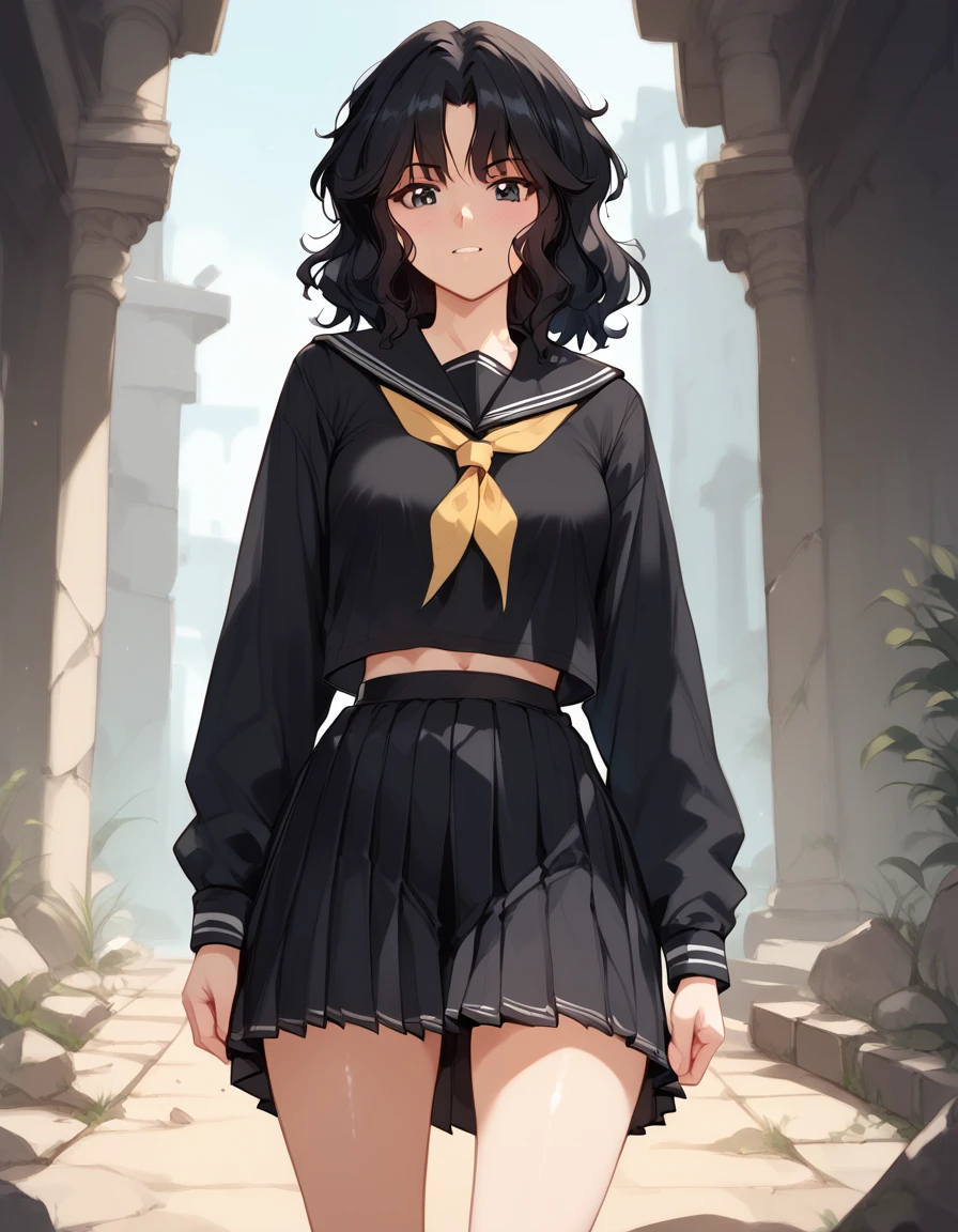 score_9, score_8_up, score_7_up, unaestheticXLv31, masterpiece, ultra-detailed, nsfw, Shiny skin, pretty eyes, BREAK, Black serafuku, long Sleeves, tanding,, kaoru tanamachi, black eyes, black hair, messy hair, ruins
