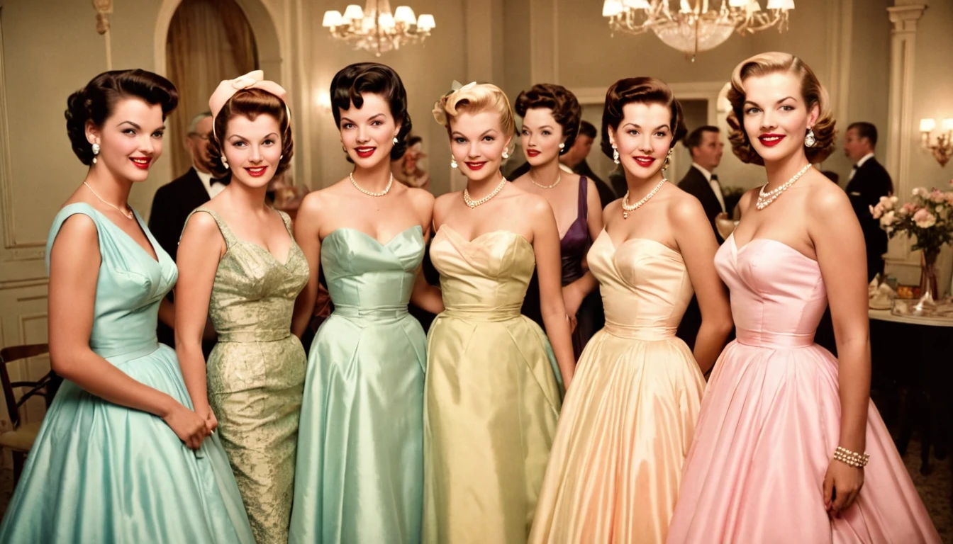 a group of elegant women at a 1950s party" An image featuring a group of elegant women, each wearing their distinctive 1950s evening gowns, posing for a photo at a chic women's evening . Image is edited with a retro pastel palette, reflecting the camaraderie and timeless fashion of 1950s social gatherings. --auto --s2