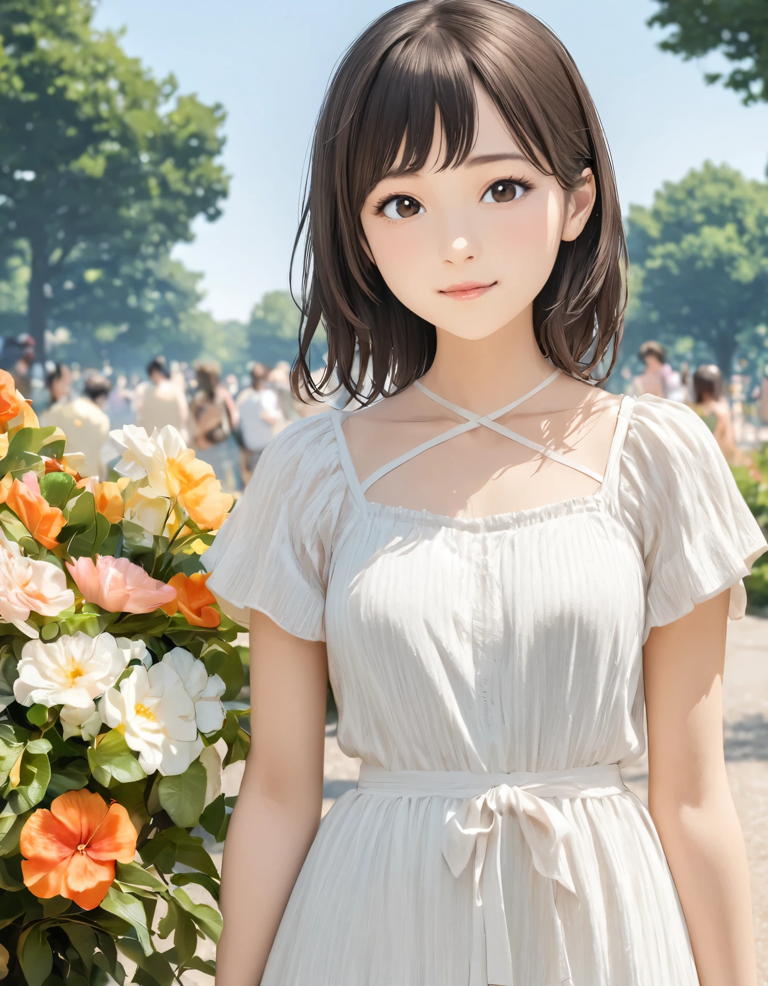 (best quality:1.2), 1girl, Ueno Park, summer, upper body shot, shoot from front