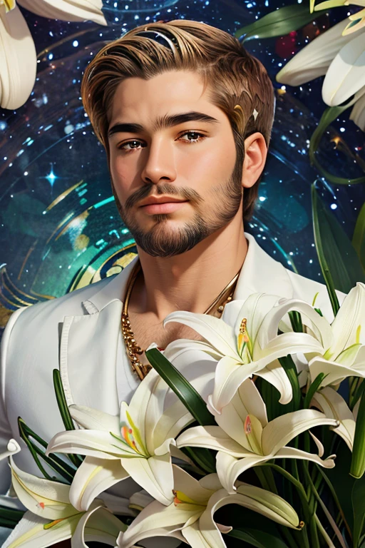 best masterpiece, realistic , ultra detailed , Virgo Zodiac Sign ,Constellation Cygnus, Portrait of an extraordinary guy , The Ideal of Beauty ! With white lilies in hands.