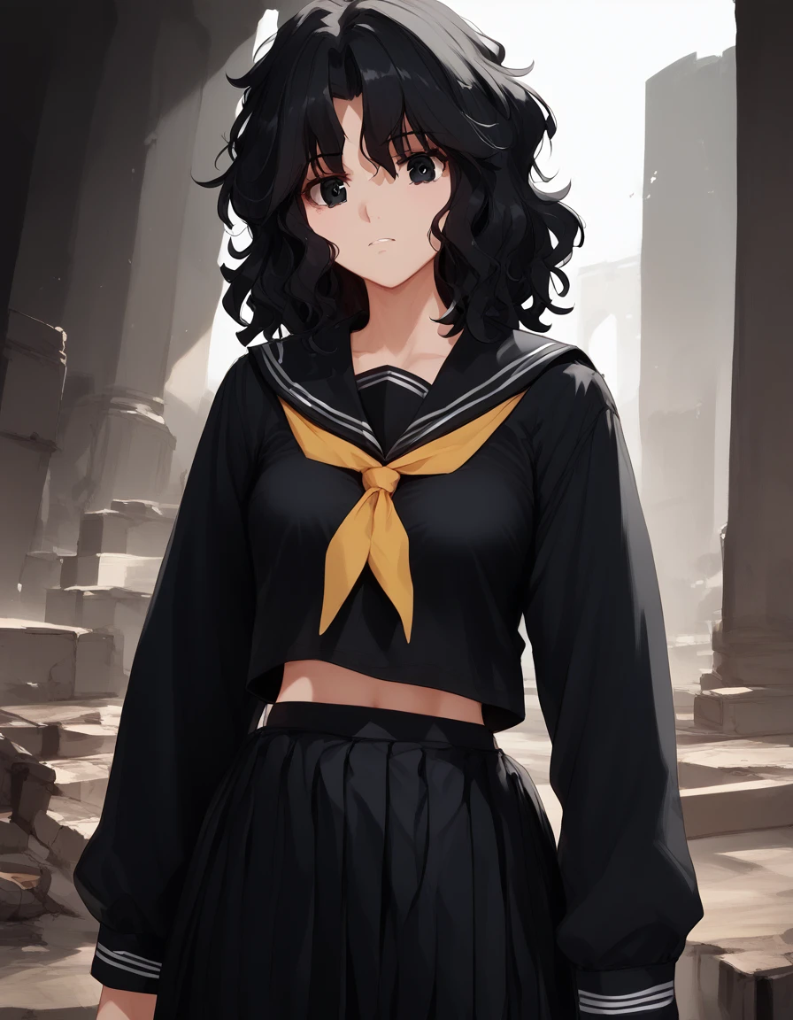 score_9, score_8_up, score_7_up, unaestheticXLv31, masterpiece, ultra-detailed, nsfw, Shiny skin, pretty eyes, BREAK, Black serafuku, long Sleeves, tanding,, kaoru tanamachi, black eyes, black hair, messy hair, ruins