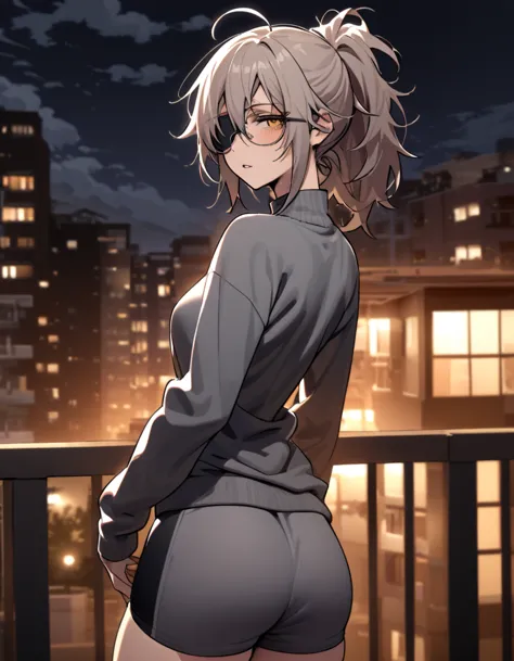 mature, golden eyes, looking at viewer, female, apartment background, messy hair, grey shoulder-length hair, ponytail, parted li...