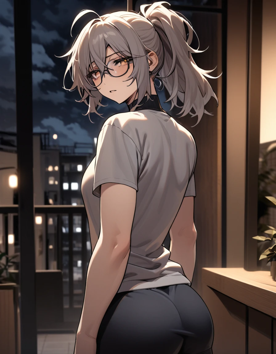 mature, golden eyes, looking at viewer, female, apartment background, messy hair, grey shoulder-length hair, ponytail, parted lips, hair between eyes, ahoge, emotionless, tired eyes, standing, from behind, yoga shorts, turtleneck shirt, medical eye patch, comfy clothes, glasses, night, cloudy